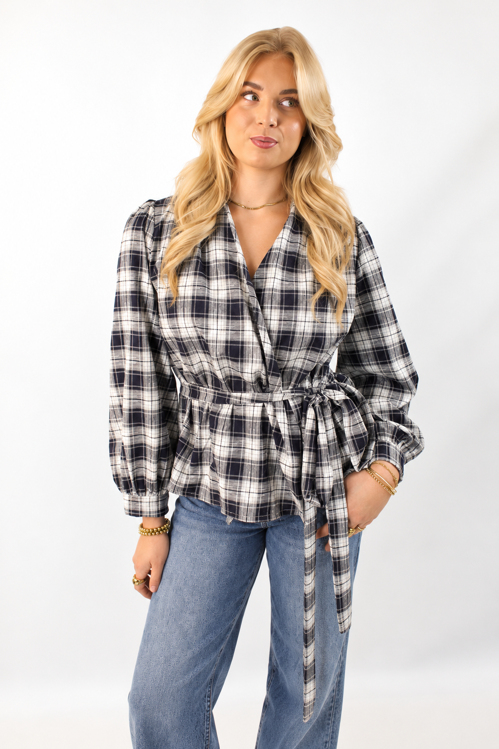 Wikkelblouse ruiten navy | Fee 
