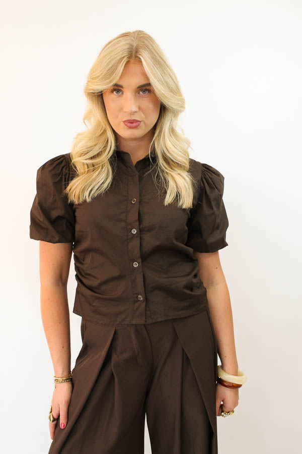 Blouse pofmouw bruin | Annelieke