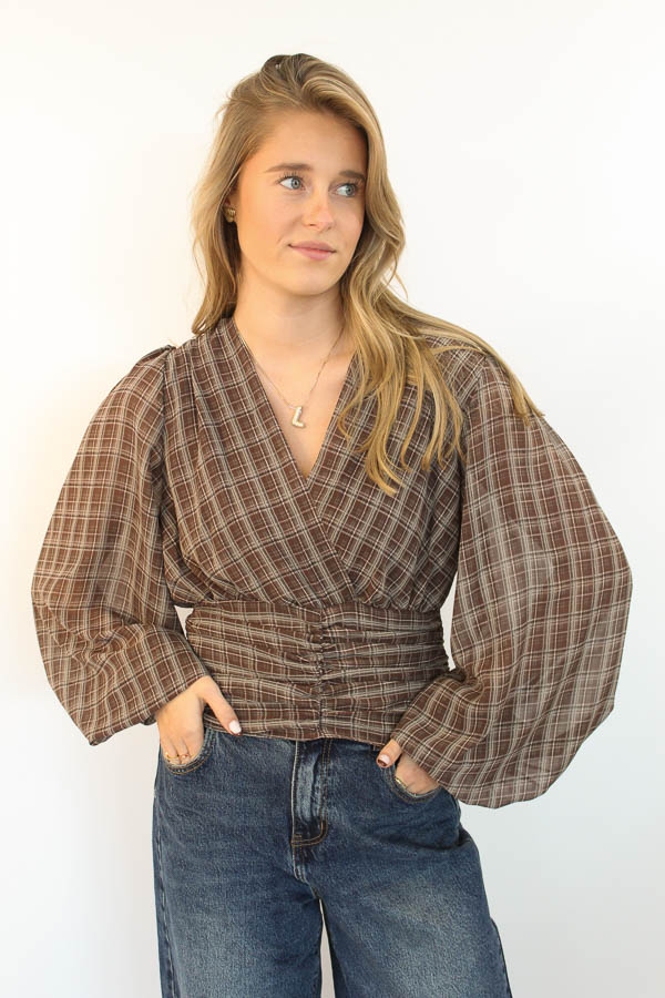 Geruite blouse top bruin | Valeria