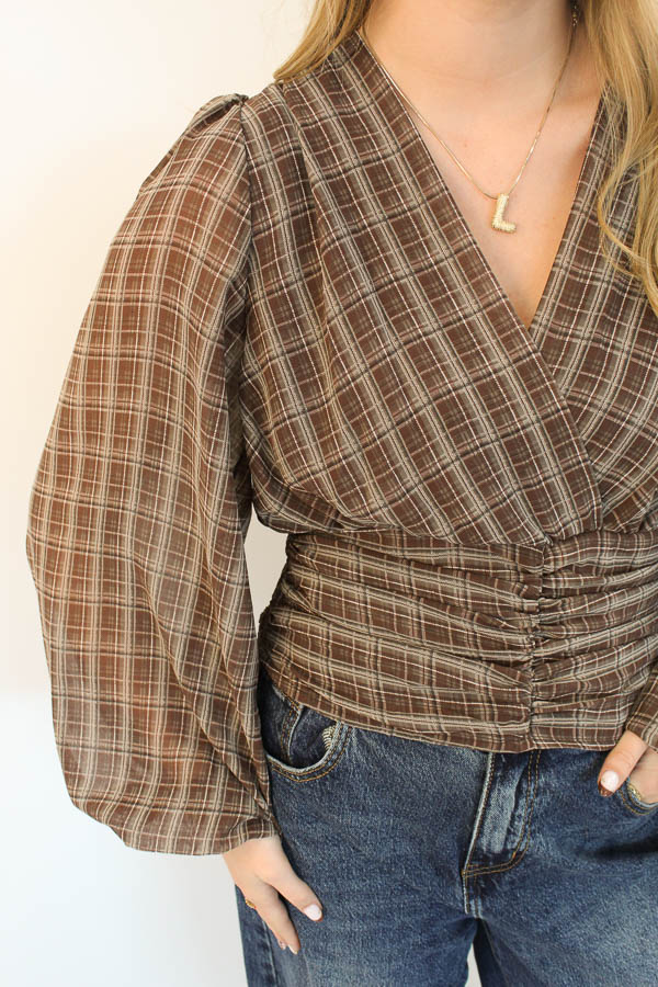 Geruite blouse top bruin | Valeria - Afbeelding 2