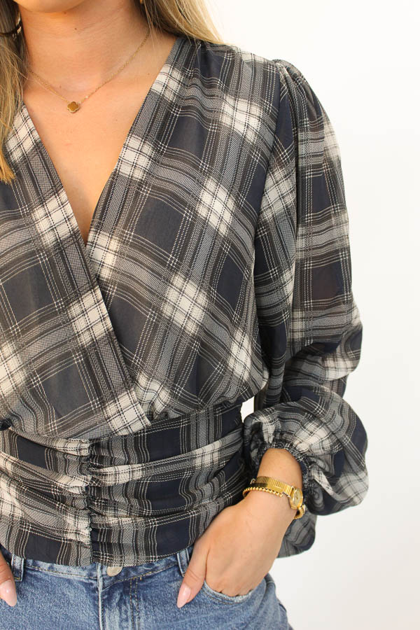 Geruite blouse top navy | Valeria - Afbeelding 2