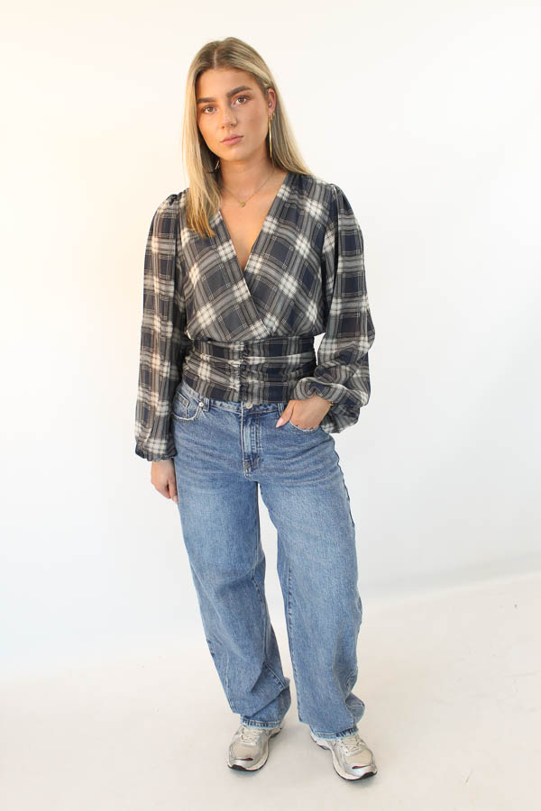 Geruite blouse top navy | Valeria - Afbeelding 3