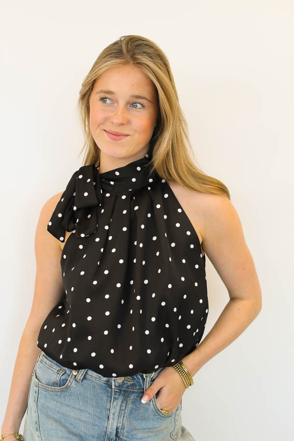 Haltertop stippen zwart | Roos
