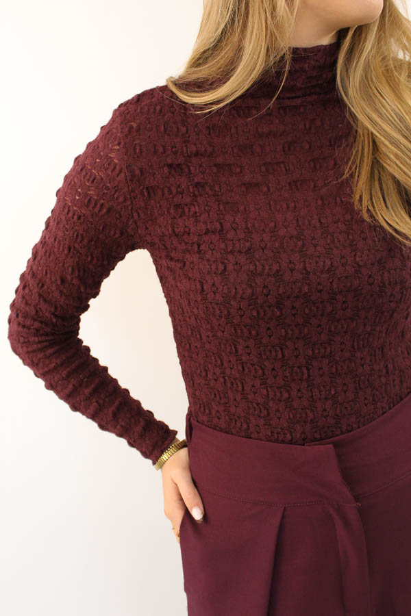 Kanten col top aubergine | Fem - Afbeelding 3