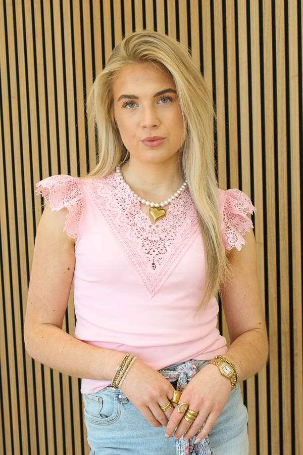 Kanten top v-hals roze | Elisa 