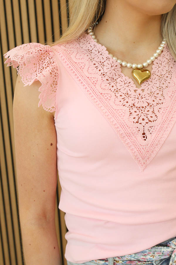 Kanten top v-hals roze | Elisa  - Afbeelding 1