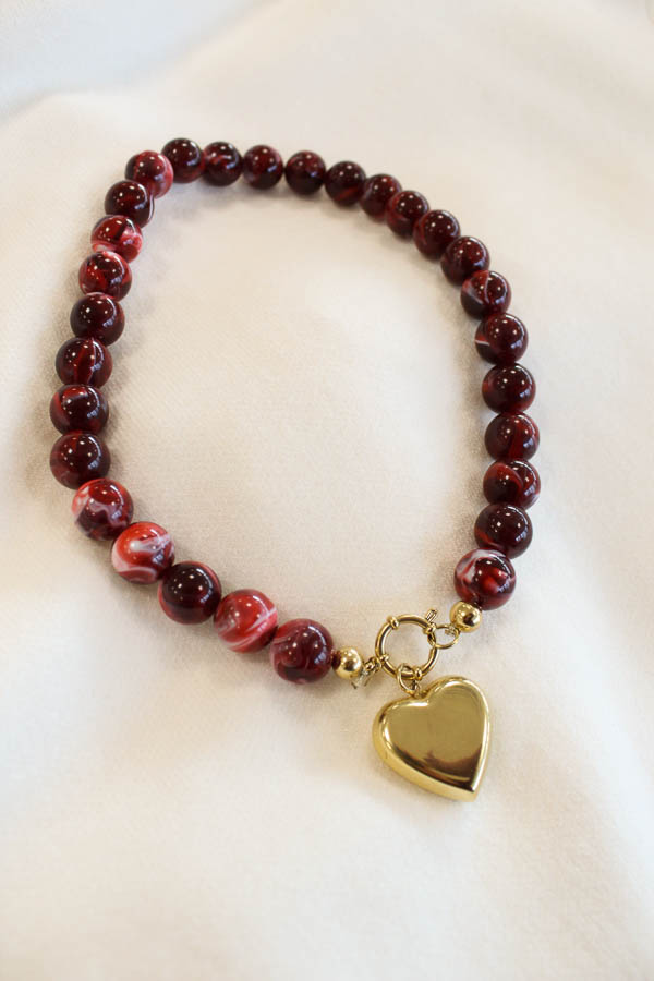 Kralen ketting hart bordeaux