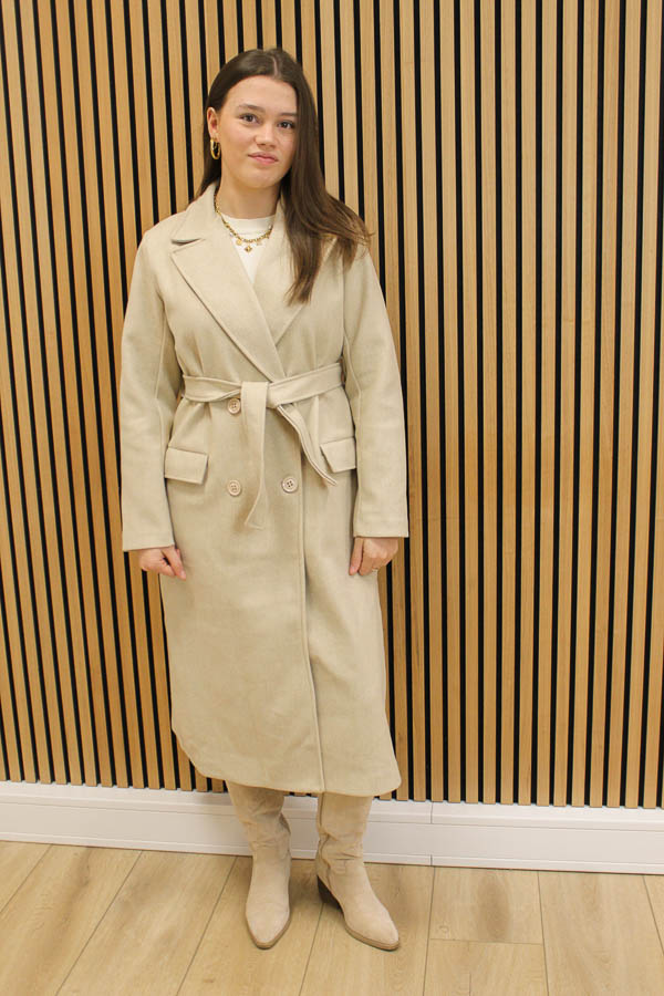 Lange jas met ceintuur beige