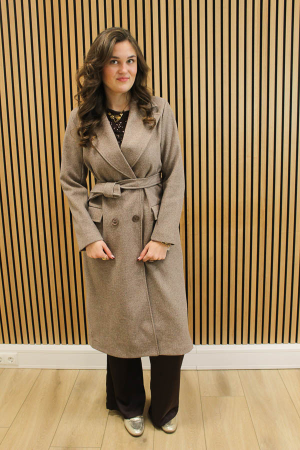Lange jas met ceintuur taupe