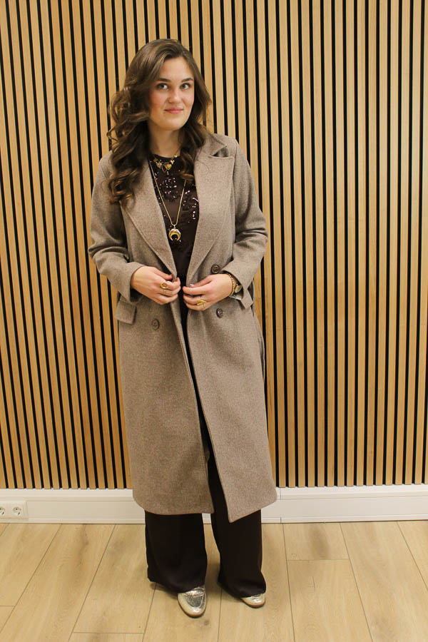 Lange jas met ceintuur taupe - Afbeelding 2