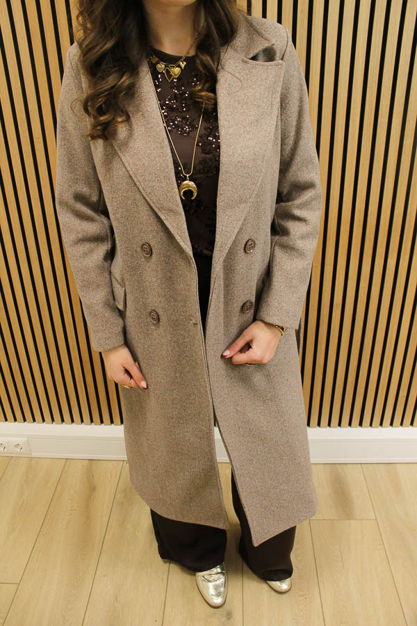 Lange jas met ceintuur taupe - Afbeelding 3