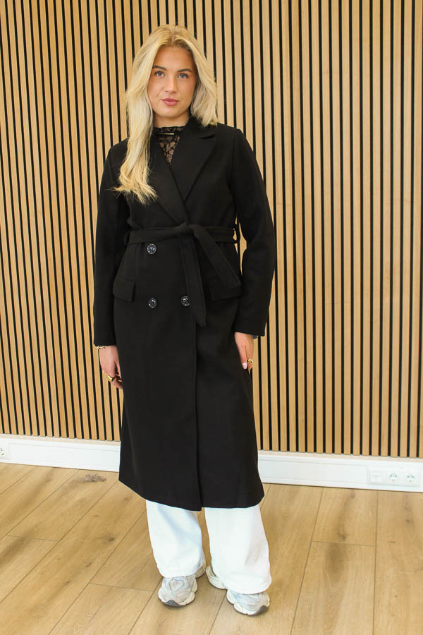 Lange jas met ceintuur zwart - Afbeelding 2