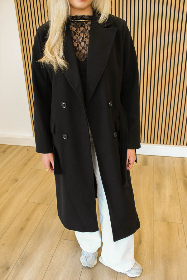 Lange jas met ceintuur zwart - Afbeelding 3