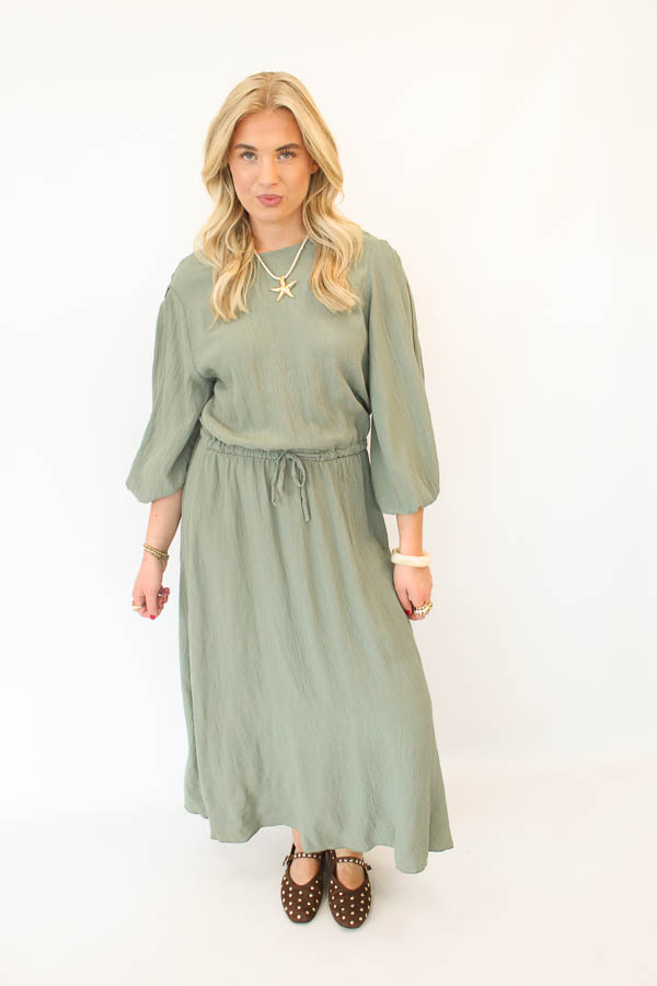 Lange jurk khaki | Leza - Afbeelding 3