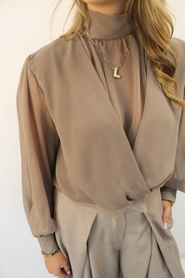 Mesh blouse taupe | Filou - Afbeelding 2