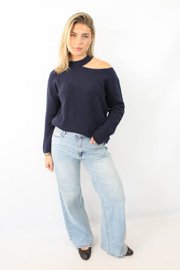 Open shoulder trui navy | Pien
