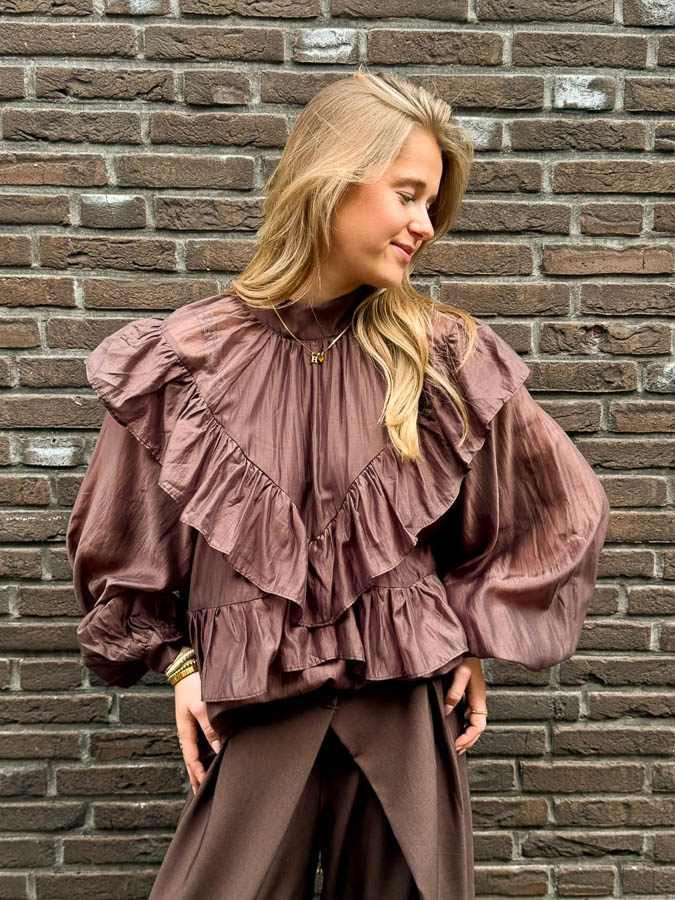 Ruffle blouse bruin | Olivia 