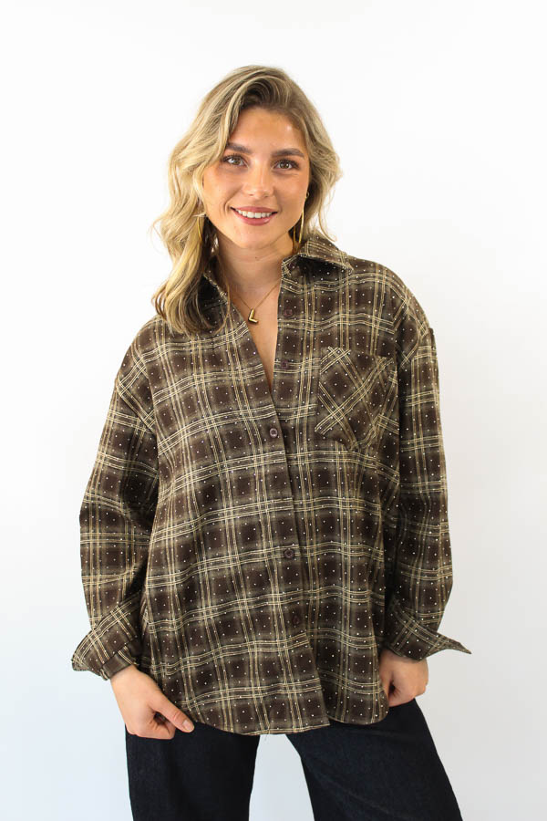 Ruiten strass blouse bruin | Bo
