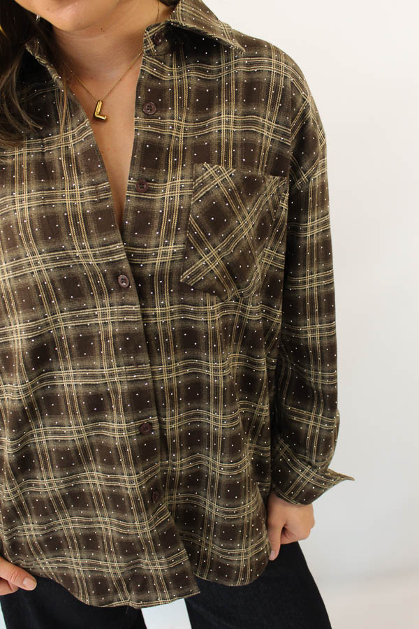 Ruiten strass blouse bruin | Bo - Afbeelding 3