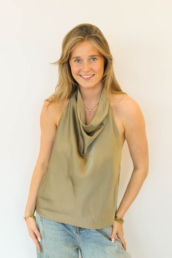 Satijnen haltertop khaki | Kyra