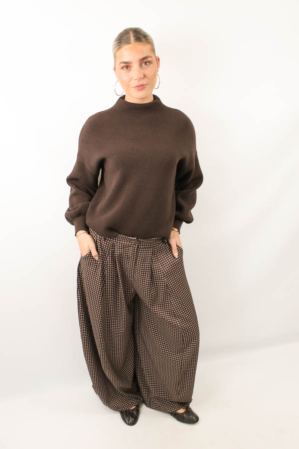 Wijde pantalon ruiten bruin | Iva 