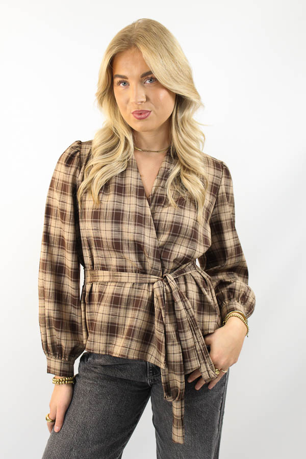 Wikkelblouse ruiten bruin | Fee 