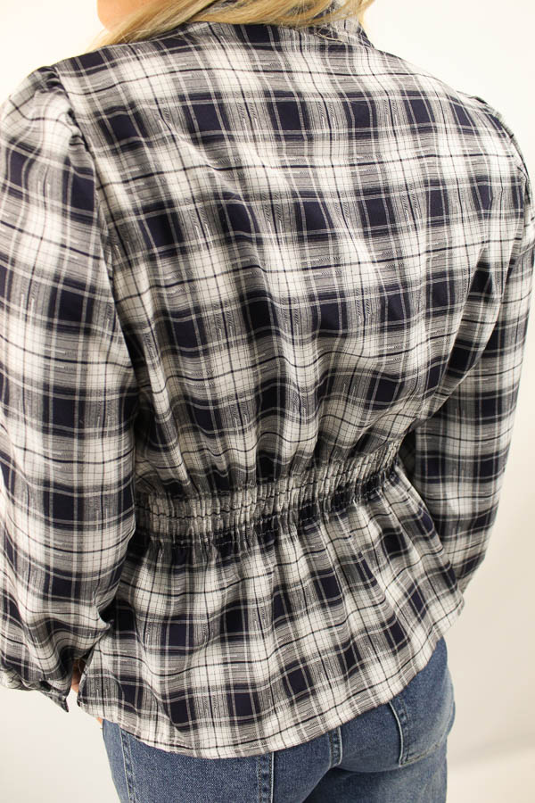 Wikkelblouse ruiten navy | Fee  - Afbeelding 3
