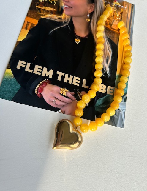 Kralenketting parel geel hart